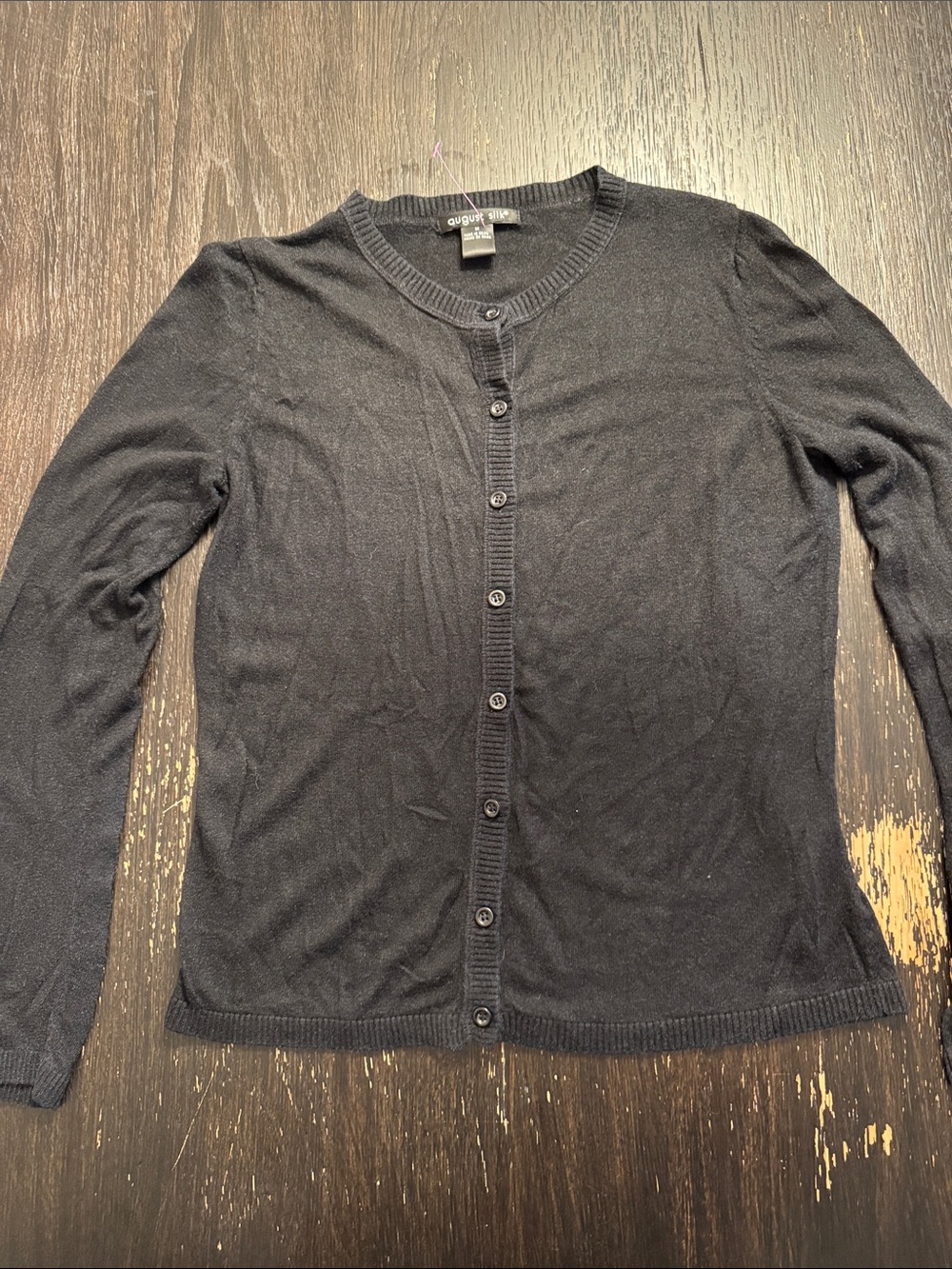 august silk Black Button-Front Crewneck Cardigan Silk Wool Blend